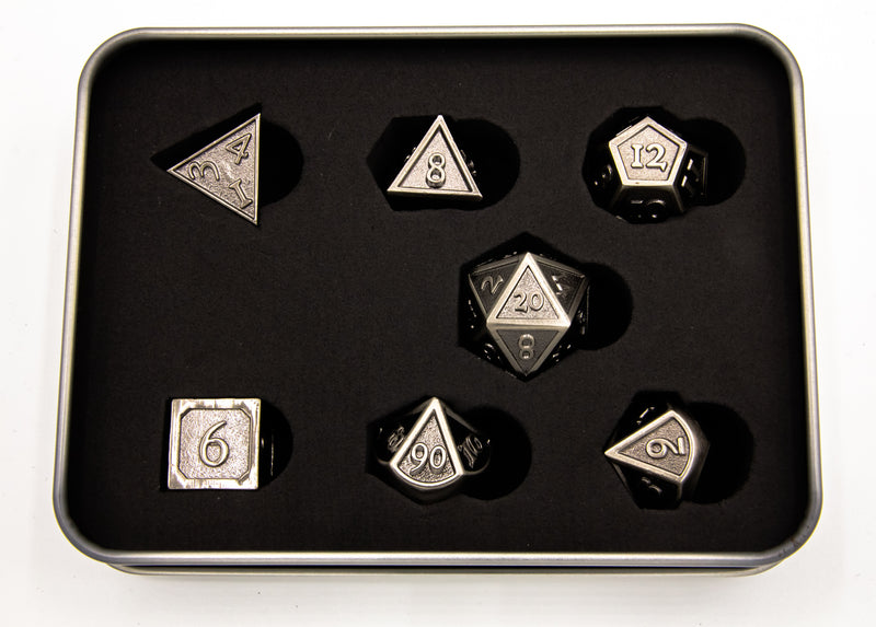 Ancient Shadow Set of 7 Metal Polyhedral Dice with Silver Numbers