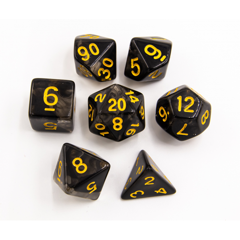 Black Set of 7 Nebula Polyhedral Dice with Gold Numbers