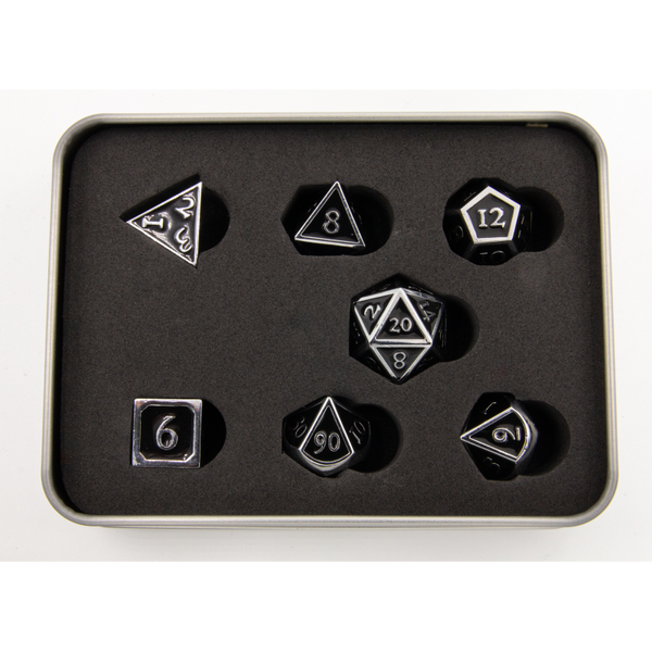 Black Shadow Set of 7 Metal Polyhedral Dice with Silver Numbers