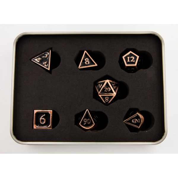 Black Shadow Set of 7 Metal Polyhedral Dice with Copper Numbers