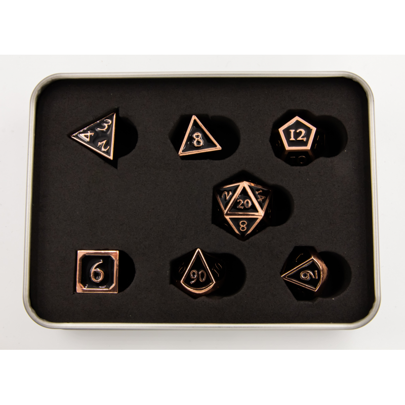 Black Shadow Set of 7 Metal Polyhedral Dice with Copper Numbers