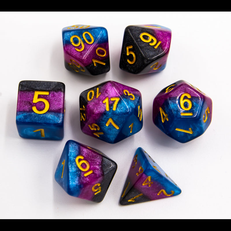 Black/Blue/Purple Set of 7 Multi-layer Polyhedral Dice with Gold Numbers