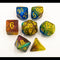 Black/Purple/Yellow Set of 7 Shimmering Galaxy Polyhedral Dice with Gold Numbers