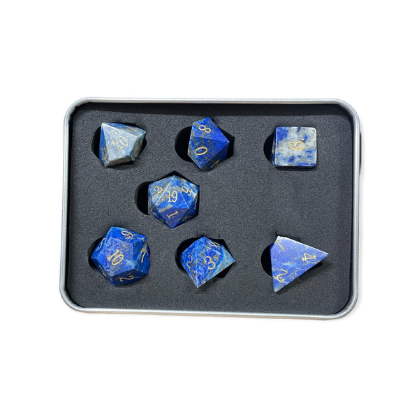 Blue Sandstone Set of 7 Gemstone Polyhedral Dice with Gold Numbers