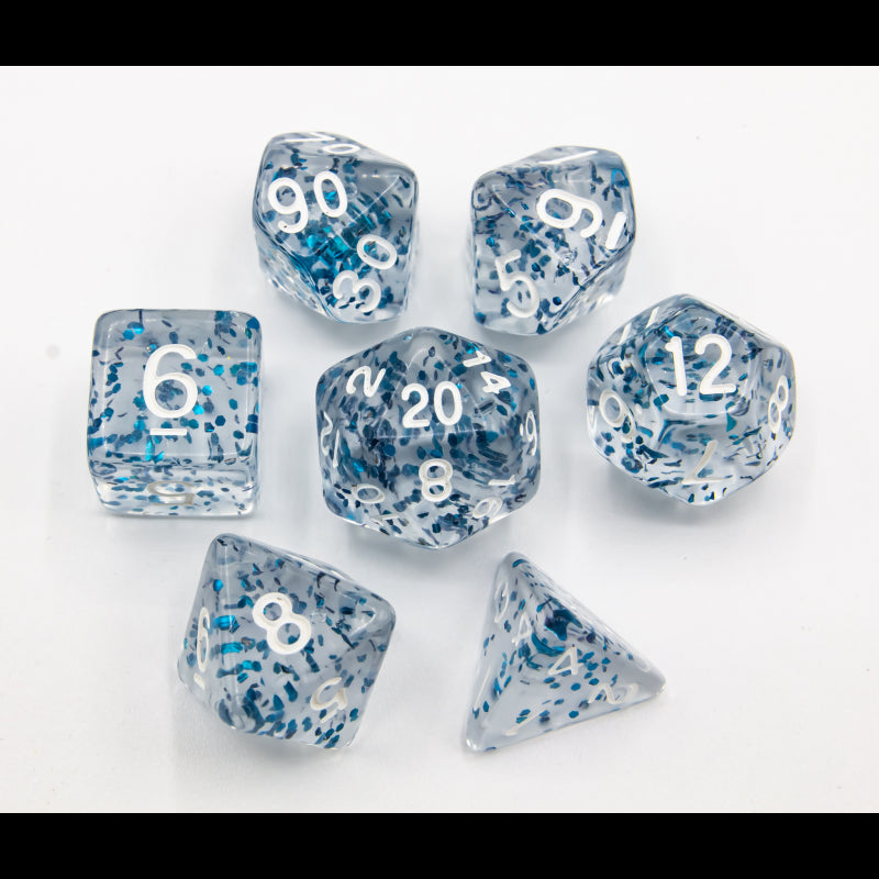 Blue Set of 7 Glitter Polyhedral Dice with White Numbers