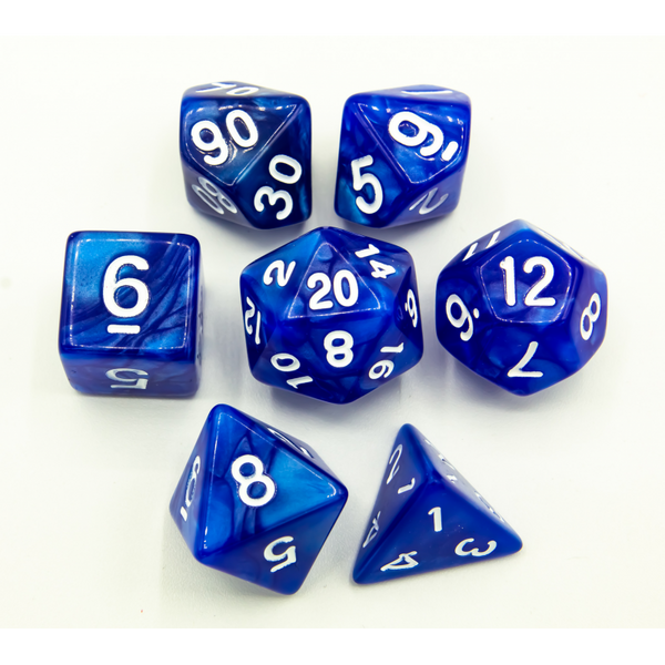 Blue Set of 7 Marbled Polyhedral Dice with White Numbers