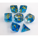 Blue Set of 7 Nebula Polyhedral Dice with Gold Numbers