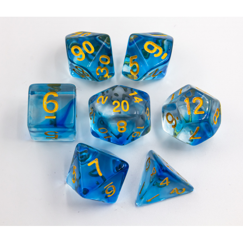 Blue Set of 7 Nebula Polyhedral Dice with Gold Numbers