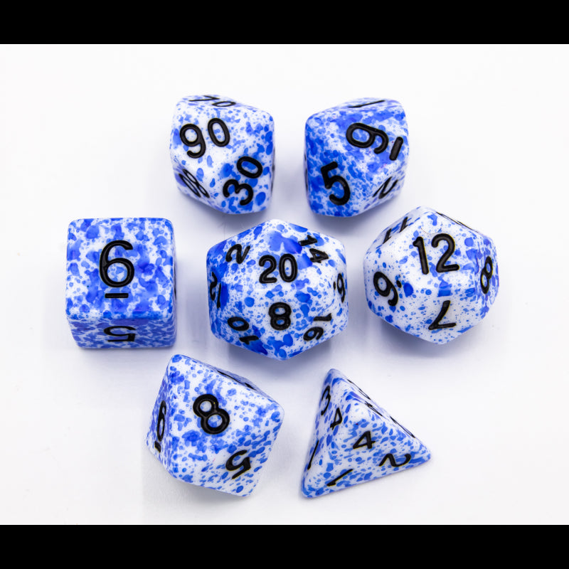 Blue Set of 7 Speckled Polyhedral Dice with Black Numbers