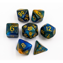 Blue/Orange Set of 7 Sparkly Fusion Polyhedral Dice with Gold Numbers