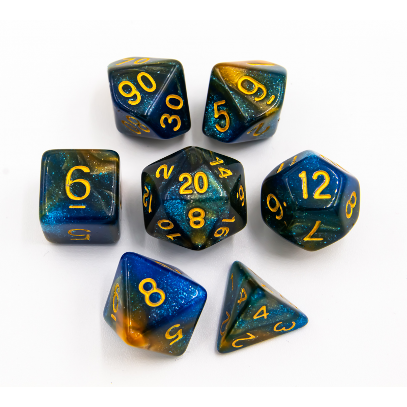 Blue/Orange Set of 7 Sparkly Fusion Polyhedral Dice with Gold Numbers