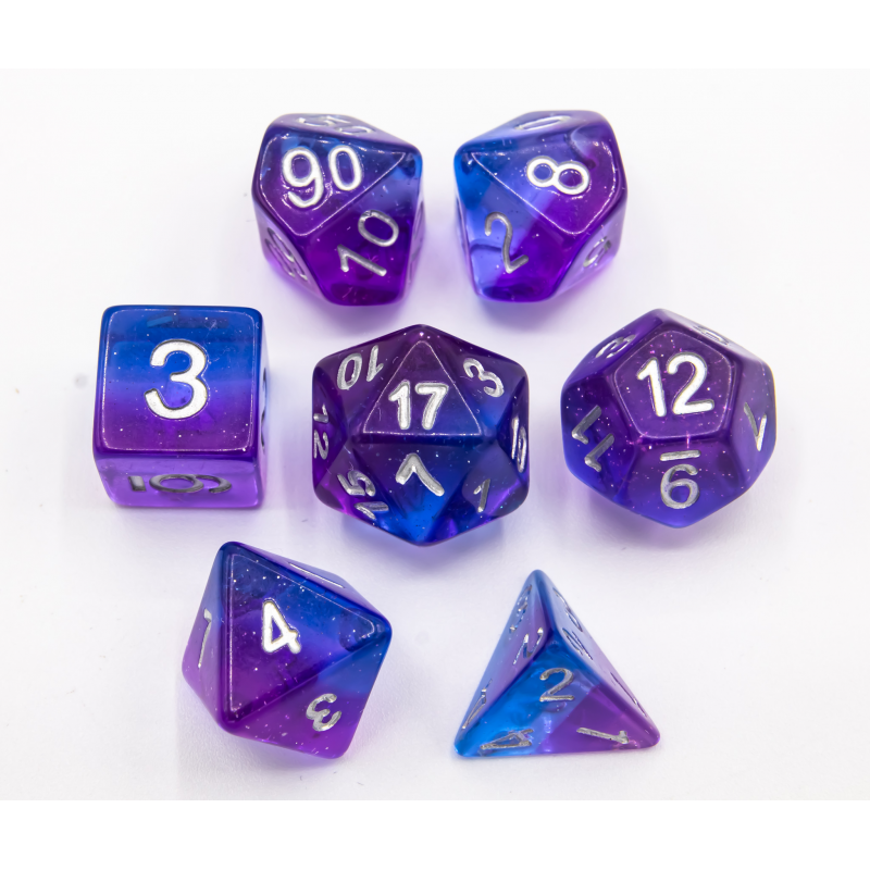 Blue/Purple Set of 7 Aurora Polyhedral Dice with White Numbers