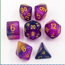 Blue/Purple/Yellow Set of 7 Shimmering Galaxy Polyhedral Dice with Gold Numbers for D20 based RPG's