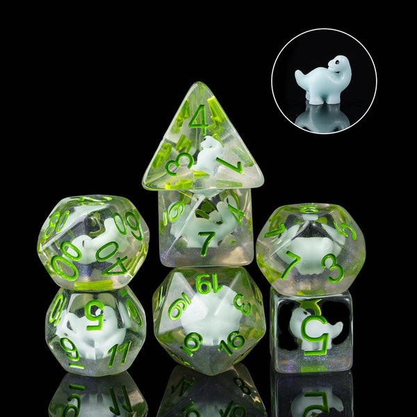Dinosaur - Green Set of 7 Filled Polyhedral Dice with Green Numbers