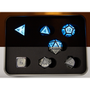 Glow Blue Set of 7 Metal Polyhedral Dice with Silver Numbers