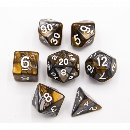 Gold/Silver Set of 7 Fusion Polyhedral Dice with White Numbers