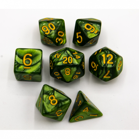 Grass Green Set of 7 Marbled Polyhedral Dice with Gold Numbers