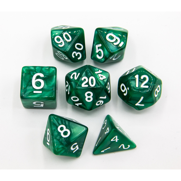 Green Set of 7 Marbled Polyhedral Dice with White Numbers