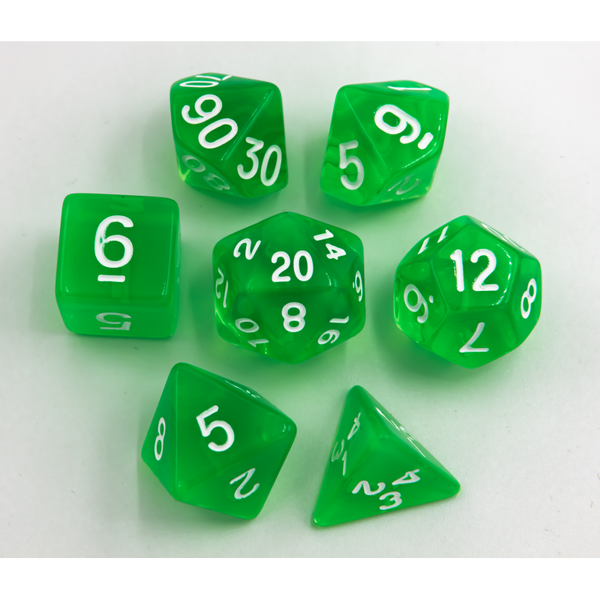 Green Set of 7 Transparent Polyhedral Dice with White Numbers