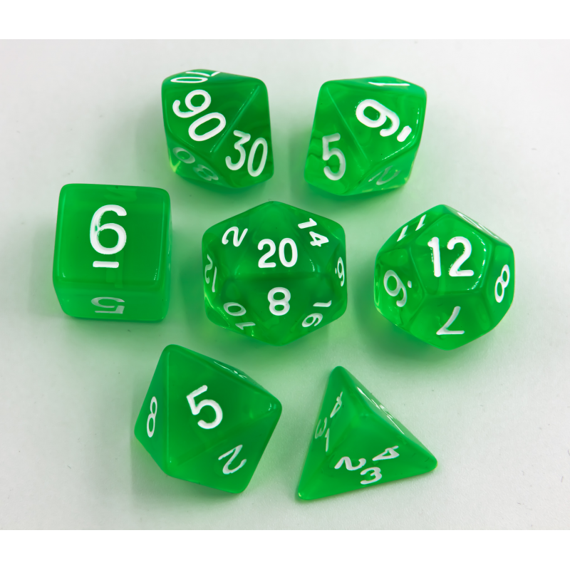 Green Set of 7 Transparent Polyhedral Dice with White Numbers