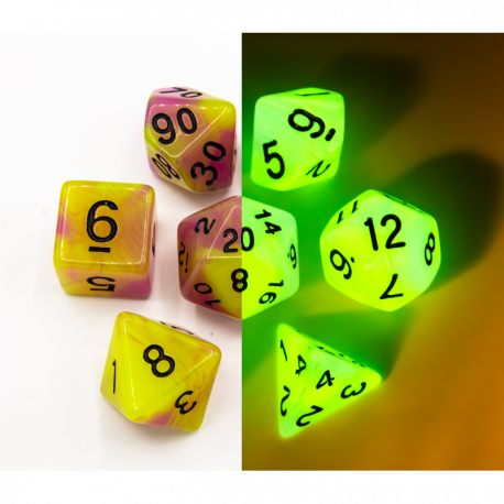 Green/Pink Set of 7 Fusion Glow In Dark Polyhedral Dice with Black Numbers