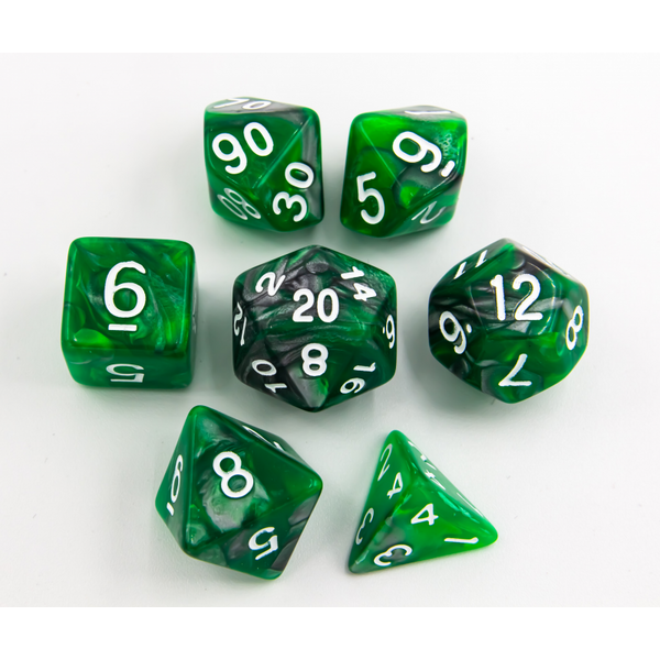 Green/Steel Set of 7 Steel Polyhedral Dice with White Numbers