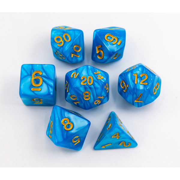 Light Blue Set of 7 Marbled Polyhedral Dice with Yellow Numbers
