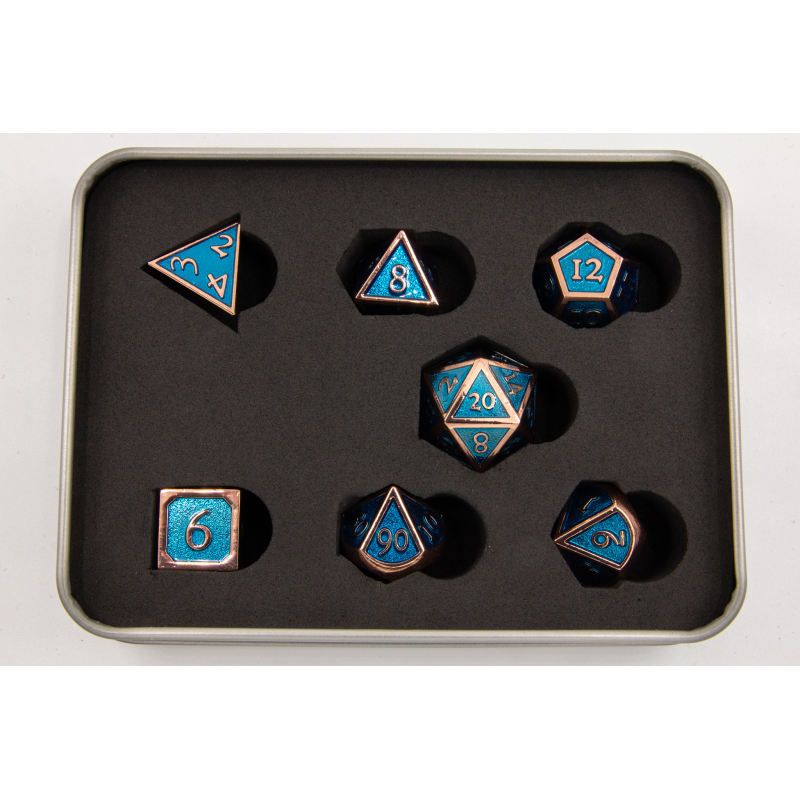 Light Blue Shadow Set of 7 Metal Polyhedral Dice with Copper Numbers