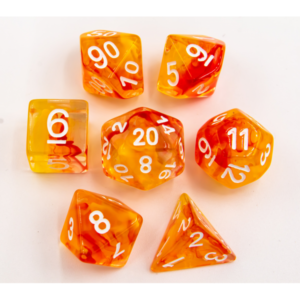 Orange Set of 7 Nebula Polyhedral Dice with Gold Numbers