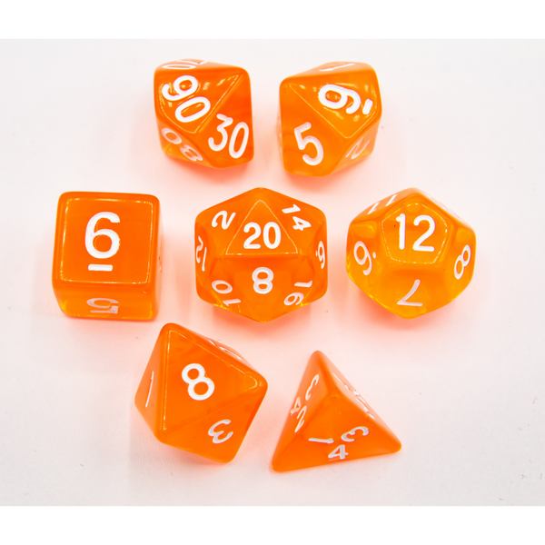 Orange Set of 7 Transparent Polyhedral Dice with White Numbers