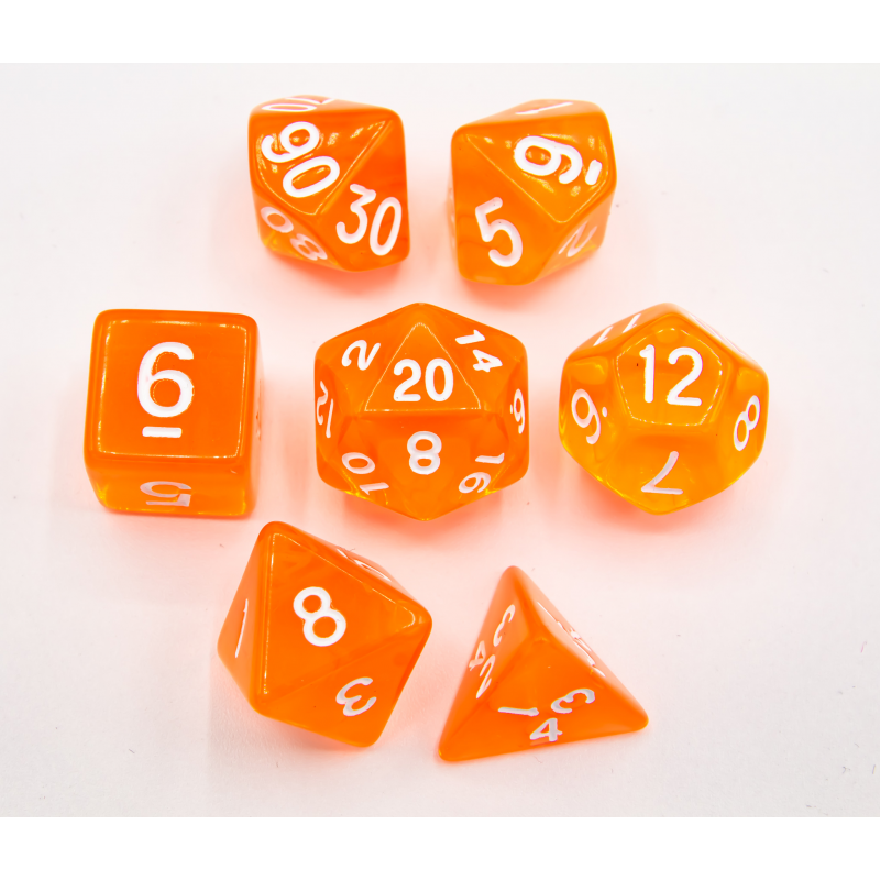 Orange Set of 7 Transparent Polyhedral Dice with White Numbers