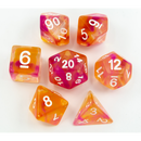 Orange/Pink Set of 7 Swirl Polyhedral Dice with White Numbers