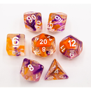 Orange/Purple Set of 7 Swirl Polyhedral Dice with White Numbers