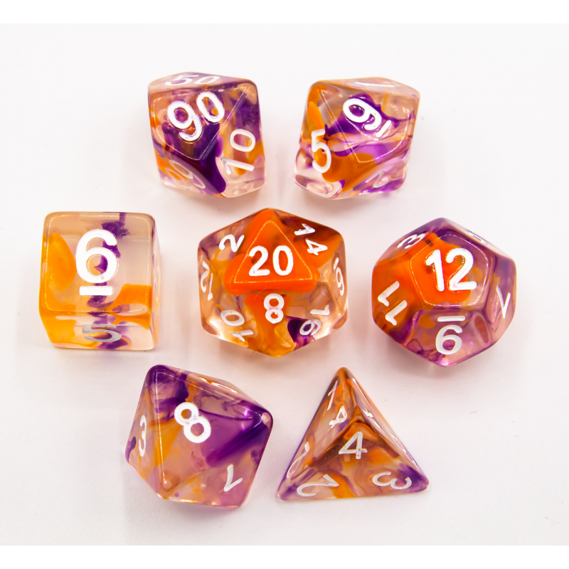 Orange/Purple Set of 7 Swirl Polyhedral Dice with White Numbers