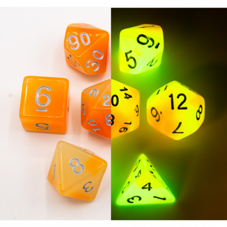 Orange/White Set of 7 Fusion Glow In Dark Polyhedral Dice with Gold Numbers