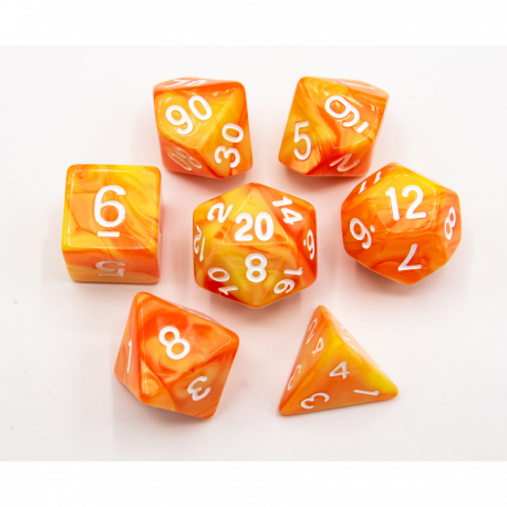 Orange/Yellow Set of 7 Fusion Polyhedral Dice with White Numbers