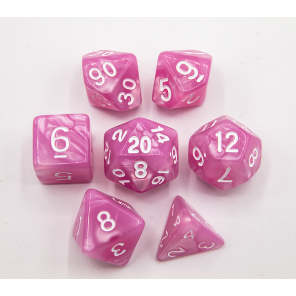 Pink Set of 7 Marbled Polyhedral Dice with White Numbers