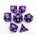 Purple Set of 7 Marbled Polyhedral Dice with White Numbers