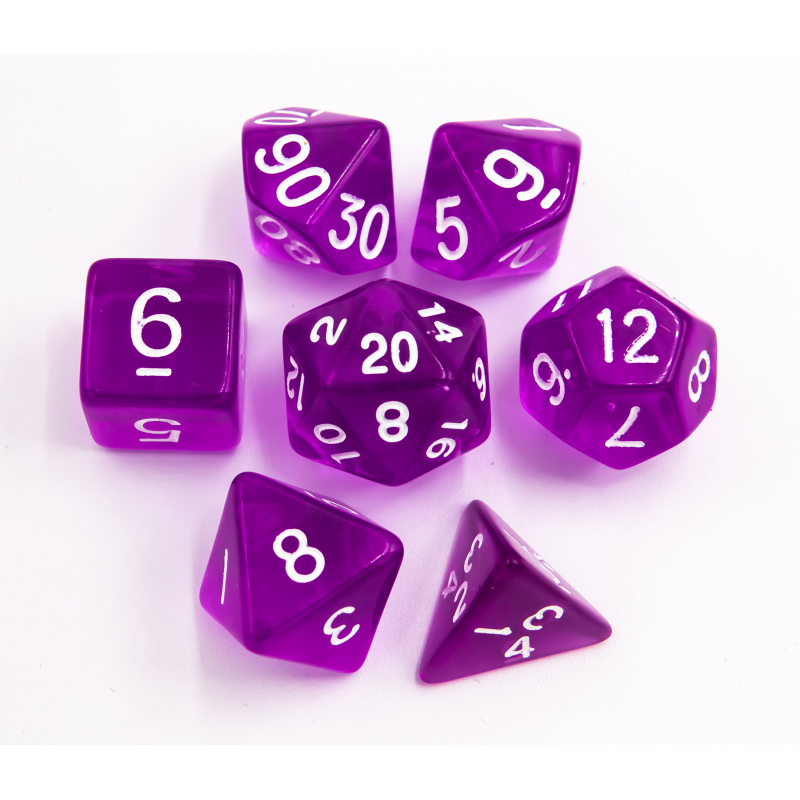 Purple Set of 7 Transparent Polyhedral Dice with White Numbers