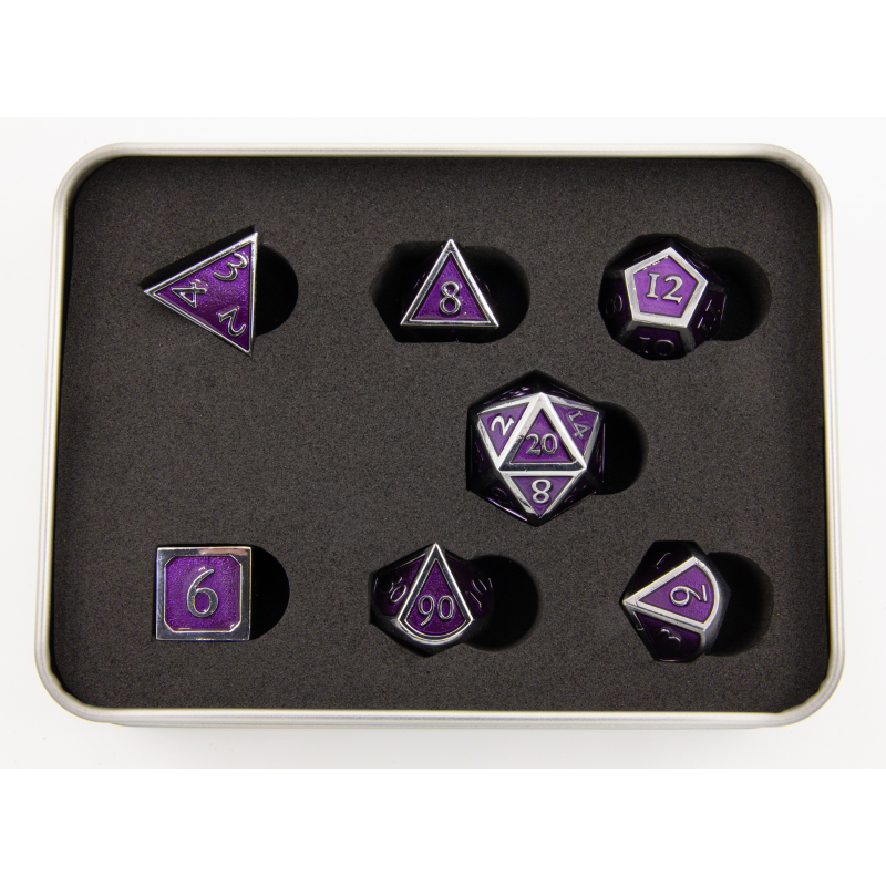 Purple Shadow Set of 7 Metal Polyhedral Dice with Silver Numbers