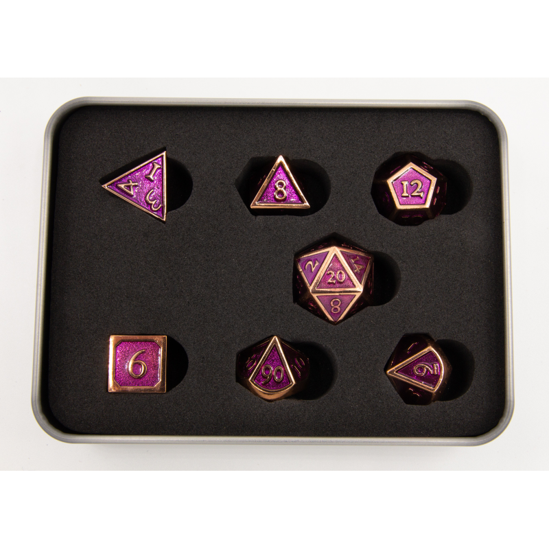 Purple Shadow Set of 7 Metal Polyhedral Dice with Copper Numbers