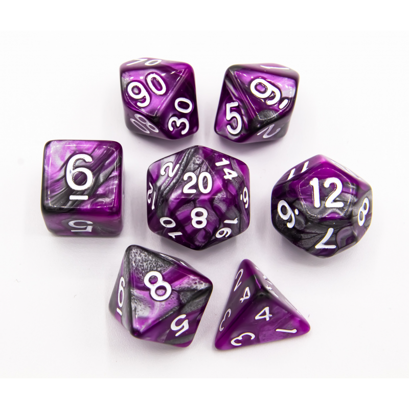 Purple/Steel Set of 7 Steel Polyhedral Dice with White Numbers