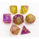 Purple/Yellow Set of 7 Shimmering Galaxy Polyhedral Dice with White Numbers