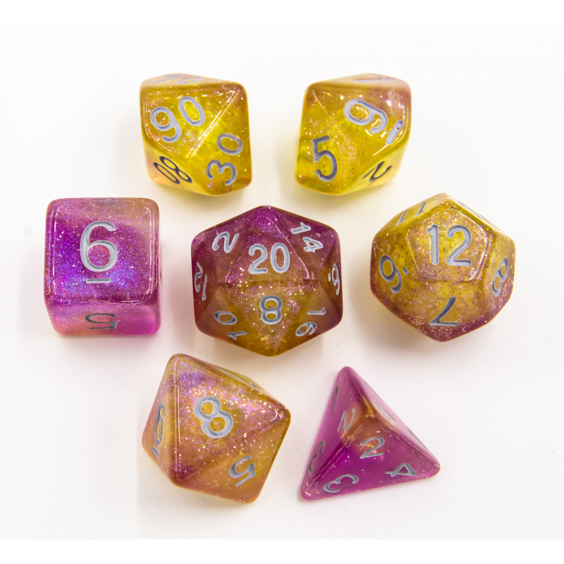 Purple/Yellow Set of 7 Shimmering Galaxy Polyhedral Dice with White Numbers