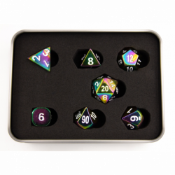 Rainbow Set of 7 Metal Polyhedral Dice with White Numbers