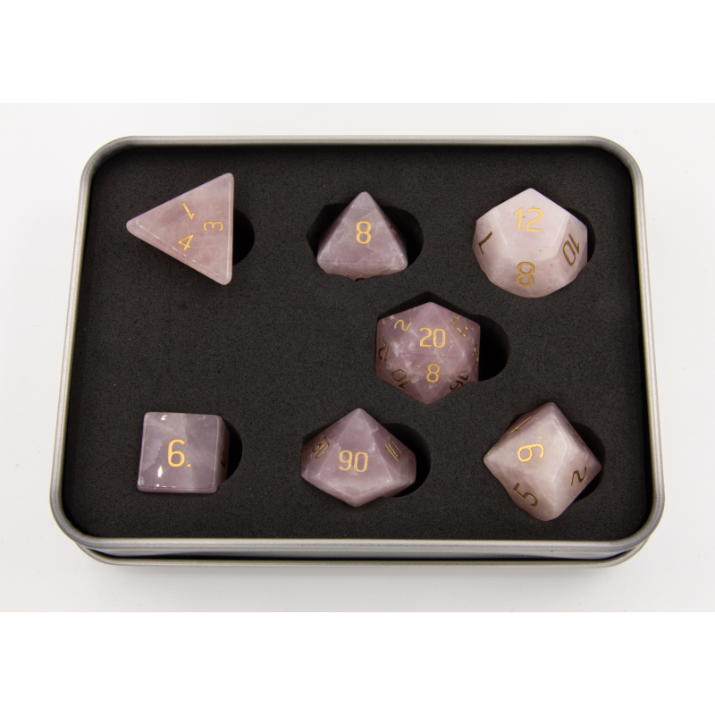 Rose Quartz Set of 7 Gemstone Polyhedral Dice with Gold Numbers