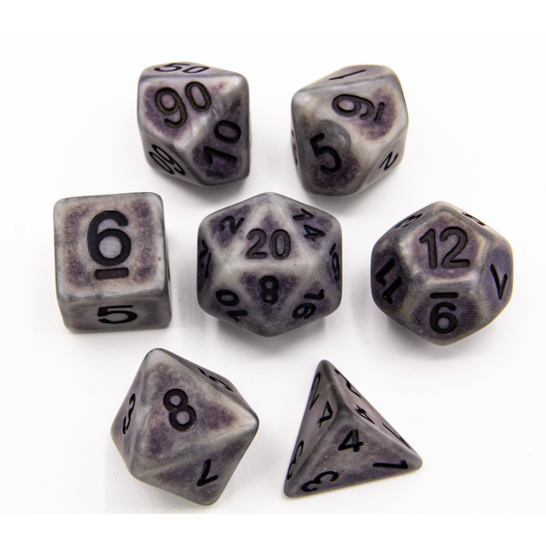 Silver Set of 7 Ancient Polyhedral Dice with Black Numbers for D20 based RPG's
