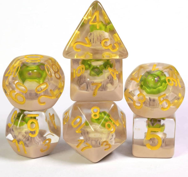 Succulent Set of 7 Filled Polyhedral Dice with Gold Numbers
