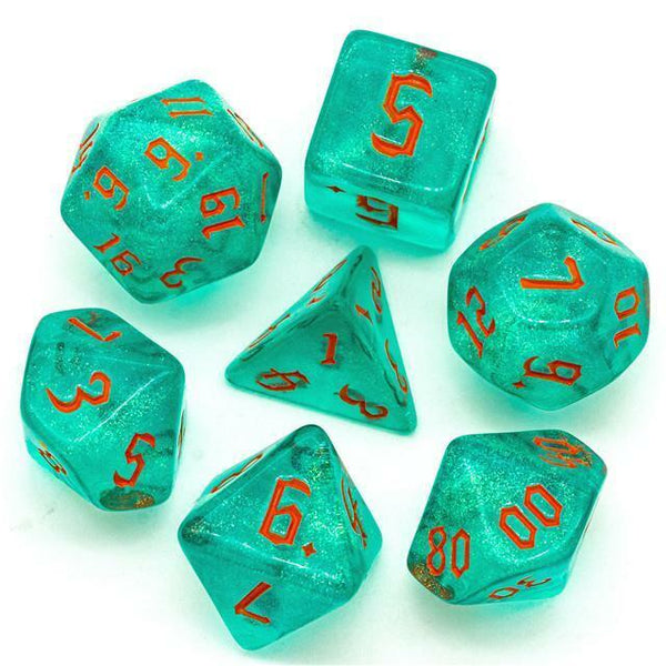 Teal Set of 7 Glitter Polyhedral Dice with Orange Numbers