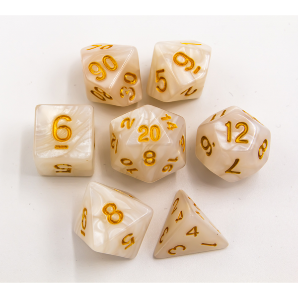 White Set of 7 Marbled Polyhedral Dice with Gold Numbers